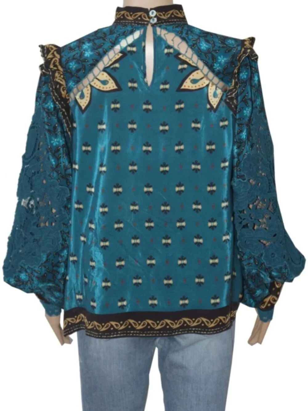Farm Ainika Chill Blue Long Sleeve Blouse Top Crochet Embroidered S